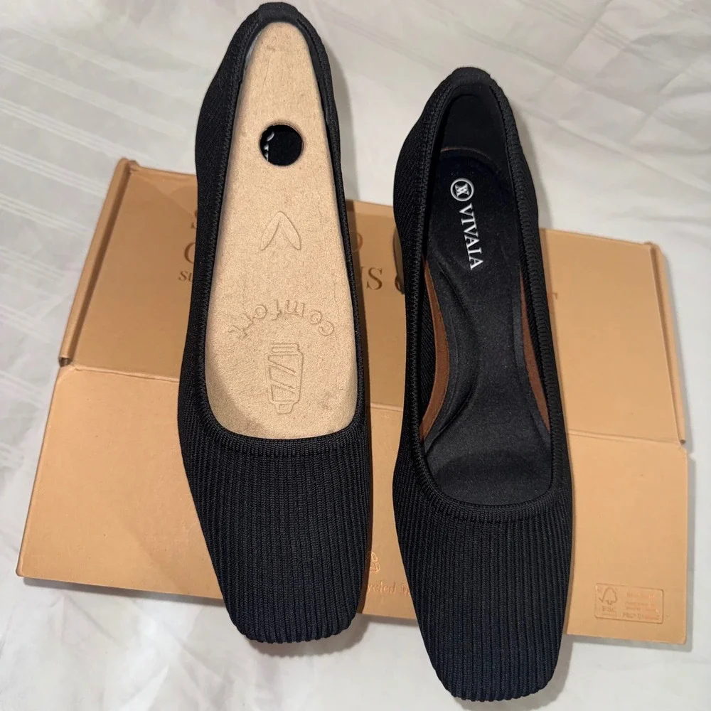 VIVAIA‎ Black Knit Square Toe Block Chunky Heel Pumps Women's Size 7-7.5 EUR38.5